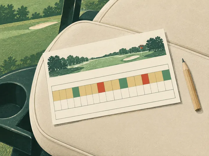 Illustrated golf scorecard on a cart seat, holes shaded as pars, bogeys and doubles