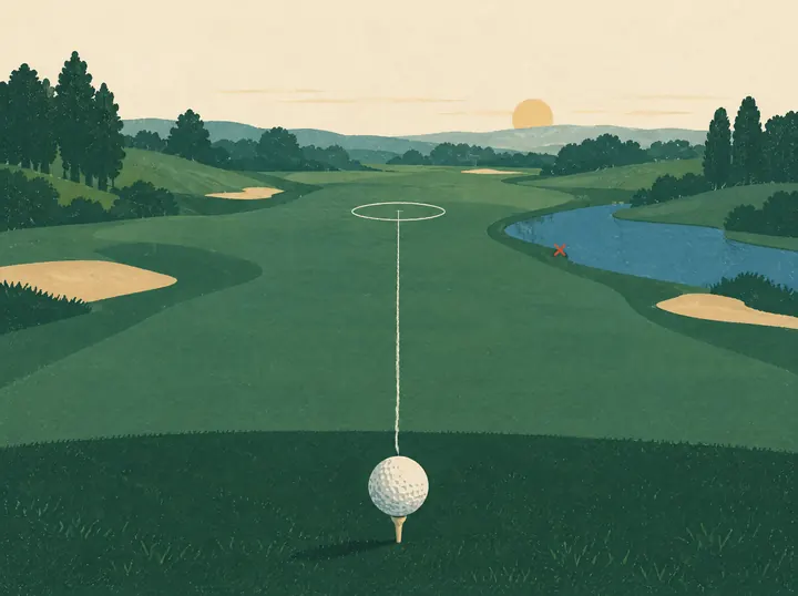 Illustrated golf ball on a tee with a pencil target line to the wide part of the fairway, away from a pond