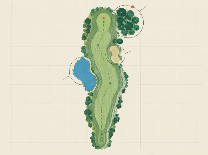 Illustrated hole map with water, a bunker and trees each circled in pencil