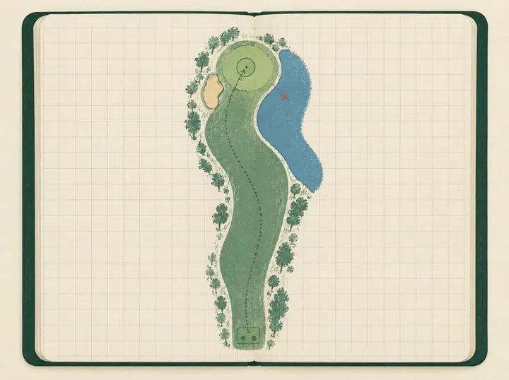 Illustrated open yardage book: a hole with the aim line bending away from the water
